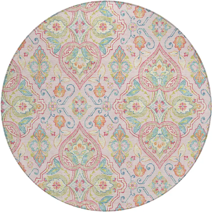 8' Pink Artichoke Green And Orange Round Ogee Washable Indoor Outdoor Area Rug Photo 1