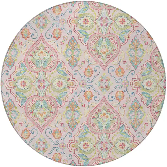 8' Pink Artichoke Green And Orange Round Ogee Washable Indoor Outdoor Area Rug Photo 3