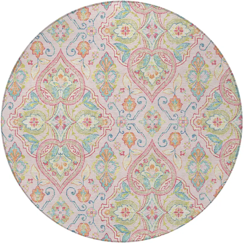 8' Pink Artichoke Green And Orange Round Ogee Washable Indoor Outdoor Area Rug Photo 3
