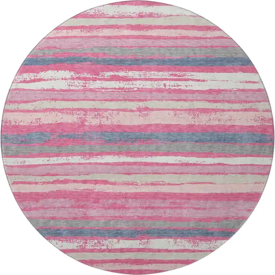 8' Pink Beige And Blue Striped Washable Round Rug With UV Protection Photo 3