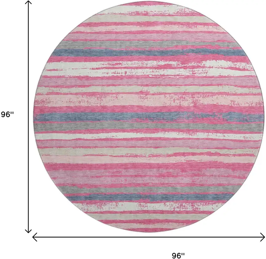 8' Pink Beige And Blue Striped Washable Round Rug With UV Protection Photo 9