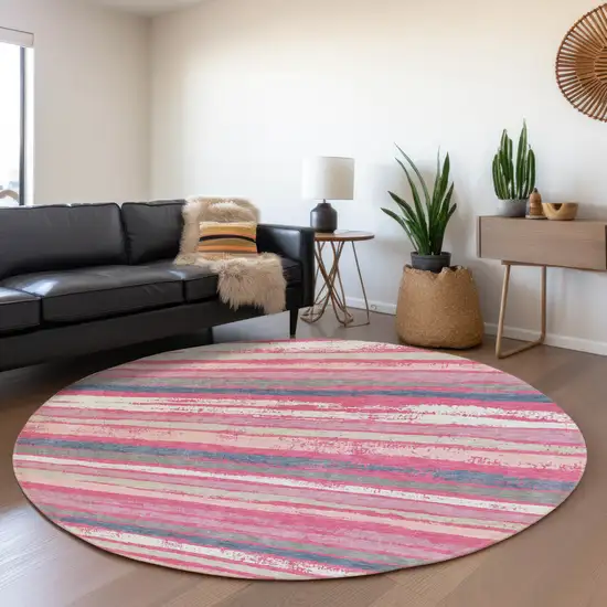 8' Pink Beige And Blue Striped Washable Round Rug With UV Protection Photo 4