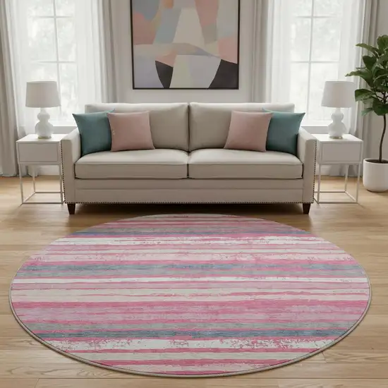 8' Pink Beige And Blue Striped Washable Round Rug With UV Protection Photo 2