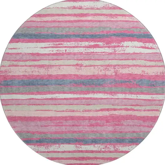 8' Pink Beige And Blue Striped Washable Round Rug With UV Protection Photo 2