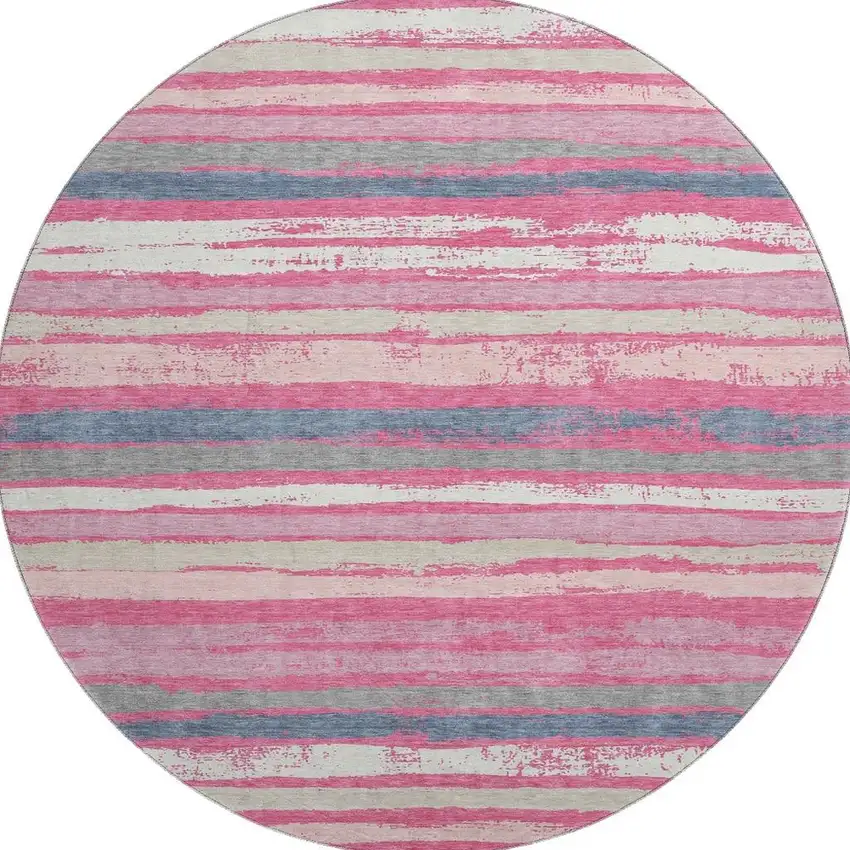 8' Pink Beige And Blue Striped Washable Round Rug With UV Protection Photo 2