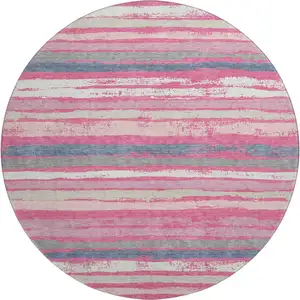 Photo of 8' Pink Beige And Blue Striped Washable Round Rug With UV Protection