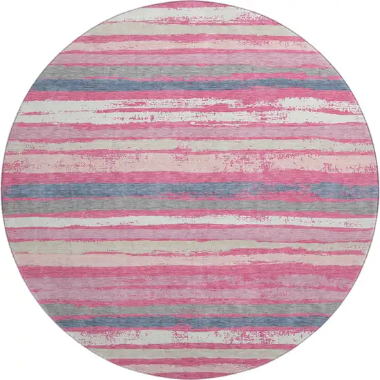 8' Pink Beige And Blue Striped Washable Round Rug With UV Protection Photo 1