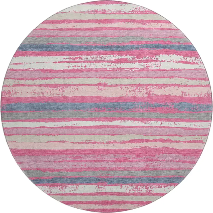 8' Pink Beige And Blue Striped Washable Round Rug With UV Protection Photo 1