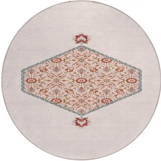 8' Pink Beige And Burgundy Round Oriental Washable Indoor Outdoor Area Rug Photo 6