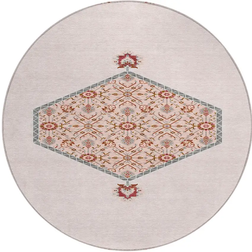 8' Pink Beige And Burgundy Round Oriental Washable Indoor Outdoor Area Rug Photo 6
