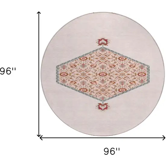 8' Pink Beige And Burgundy Round Oriental Washable Indoor Outdoor Area Rug Photo 3