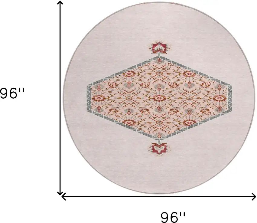 8' Pink Beige And Burgundy Round Oriental Washable Indoor Outdoor Area Rug Photo 3