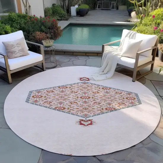 8' Pink Beige And Burgundy Round Oriental Washable Indoor Outdoor Area Rug Photo 7