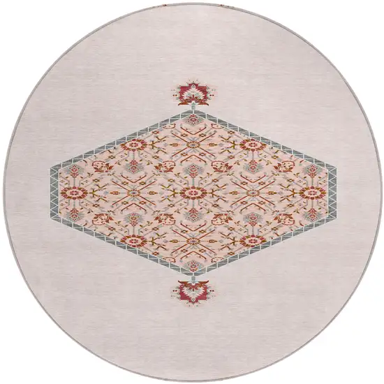 8' Pink Beige And Burgundy Round Oriental Washable Indoor Outdoor Area Rug Photo 2