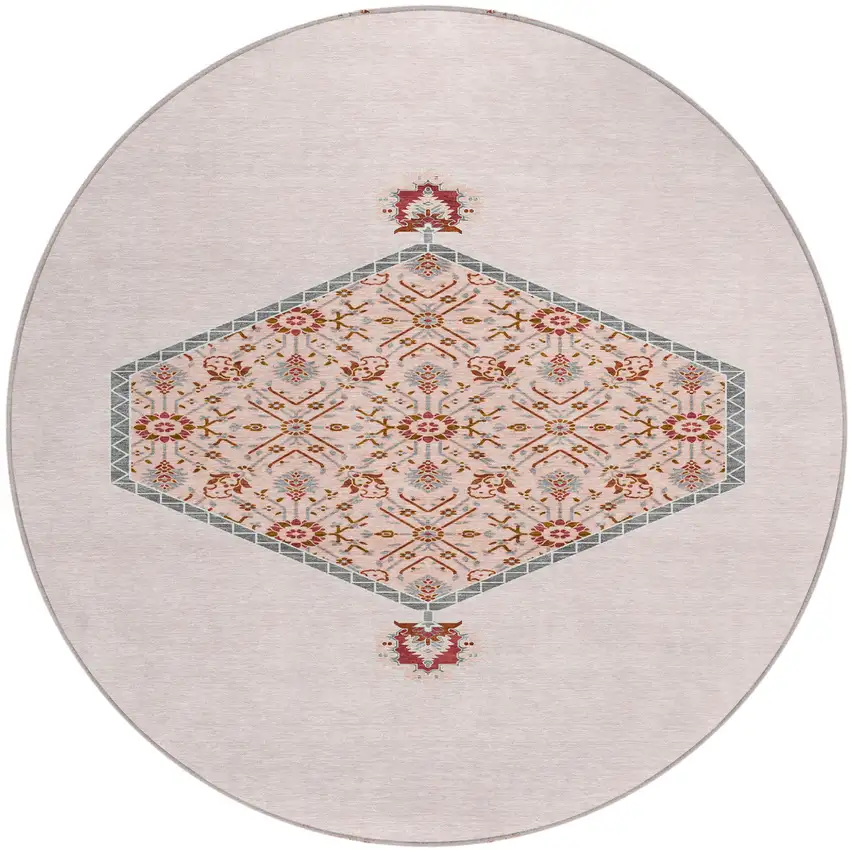8' Pink Beige And Burgundy Round Oriental Washable Indoor Outdoor Area Rug Photo 2