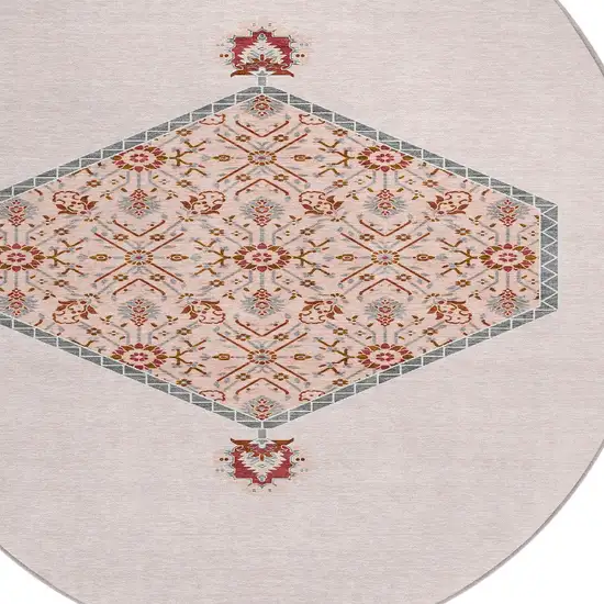 8' Pink Beige And Burgundy Round Oriental Washable Indoor Outdoor Area Rug Photo 5