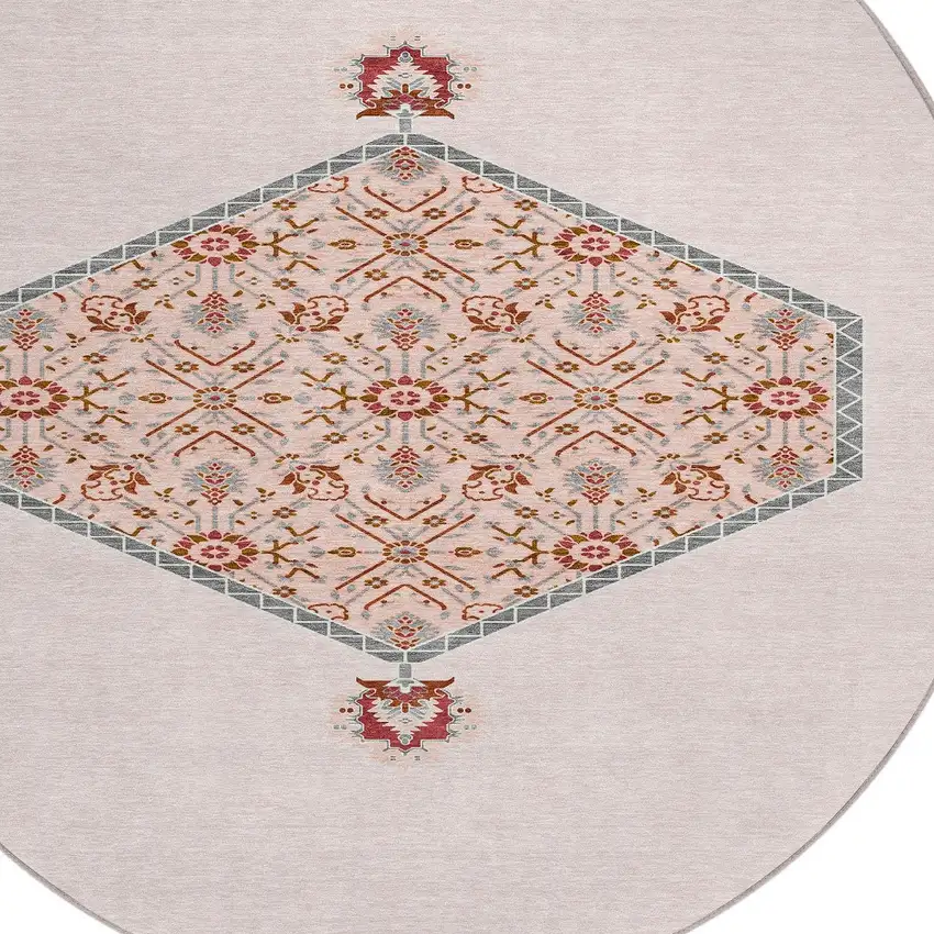 8' Pink Beige And Burgundy Round Oriental Washable Indoor Outdoor Area Rug Photo 5