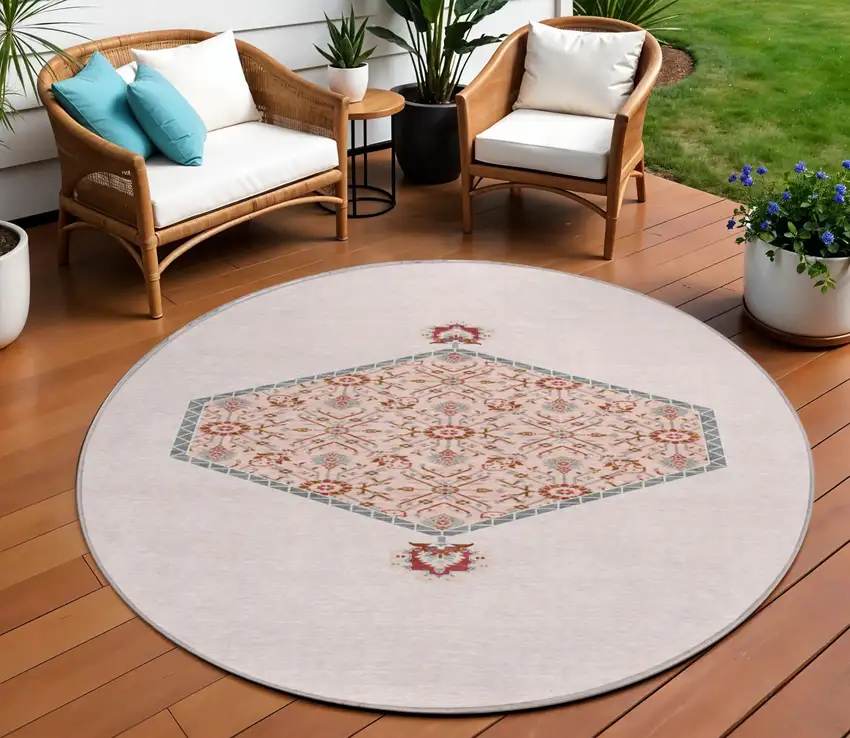 8' Pink Beige And Burgundy Round Oriental Washable Indoor Outdoor Area Rug Photo 1