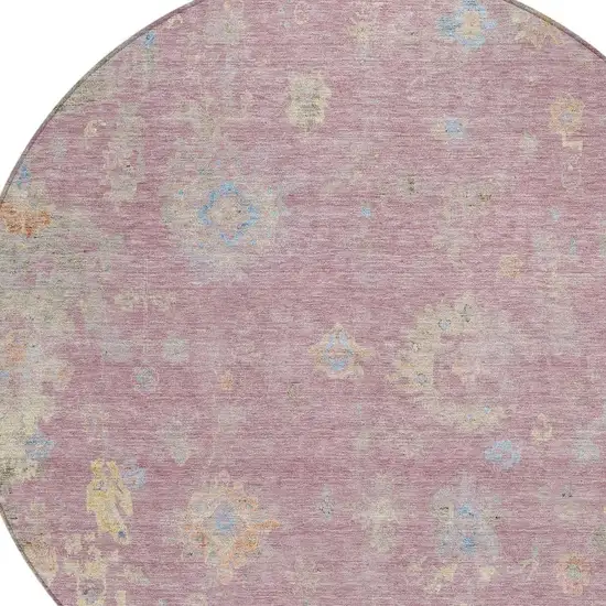 8' Pink Beige And Gray Round Floral Washable Indoor Outdoor Area Rug Photo 7
