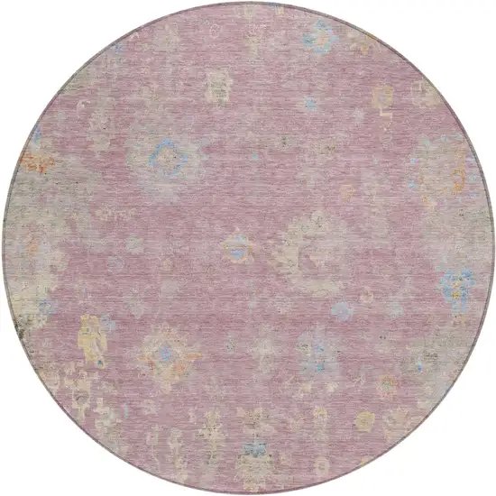 8' Pink Beige And Gray Round Floral Washable Indoor Outdoor Area Rug Photo 2