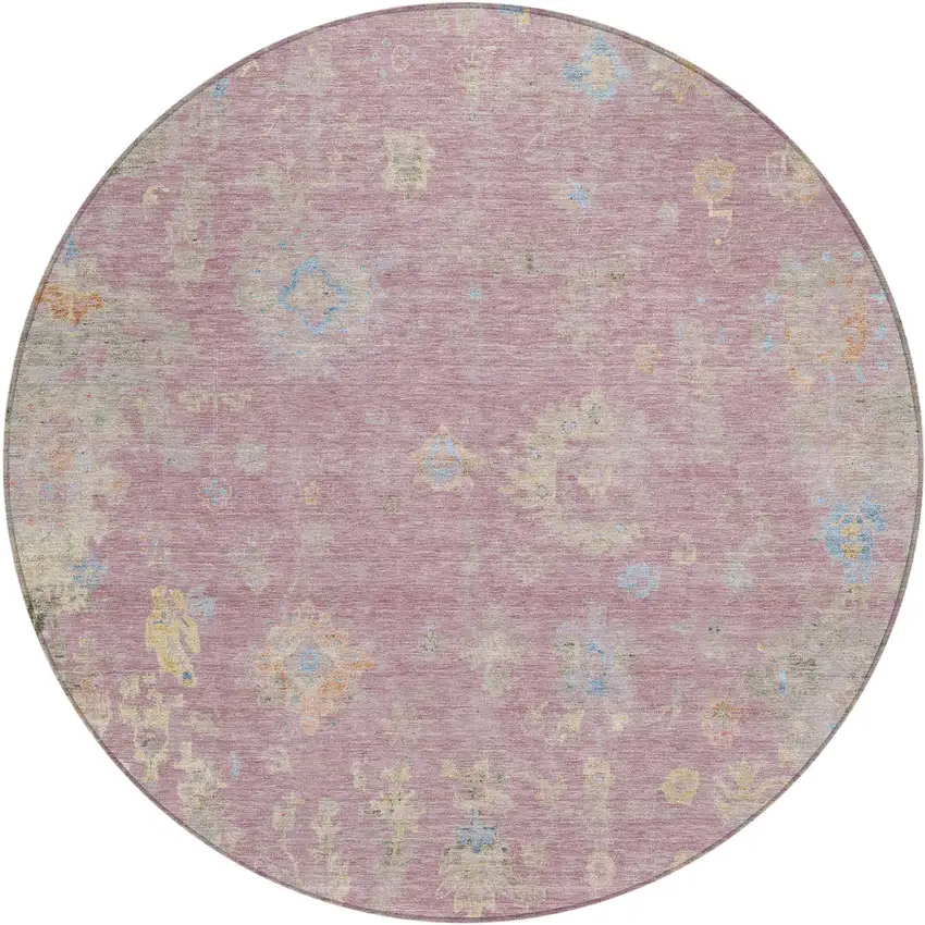 8' Pink Beige And Gray Round Floral Washable Indoor Outdoor Area Rug Photo 2