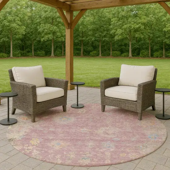 8' Pink Beige And Gray Round Floral Washable Indoor Outdoor Area Rug Photo 8