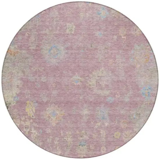 8' Pink Beige And Gray Round Floral Washable Indoor Outdoor Area Rug Photo 4