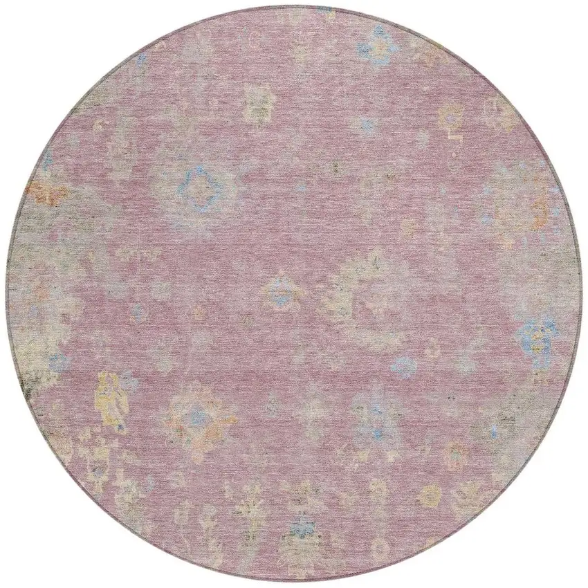 8' Pink Beige And Gray Round Floral Washable Indoor Outdoor Area Rug Photo 4
