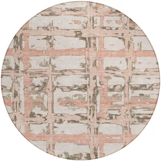 8' Pink Beige And Taupe Round Striped Washable Indoor Outdoor Area Rug Photo 1
