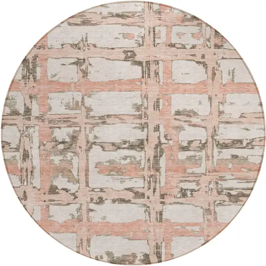 8' Pink Beige And Taupe Round Striped Washable Indoor Outdoor Area Rug Photo 1
