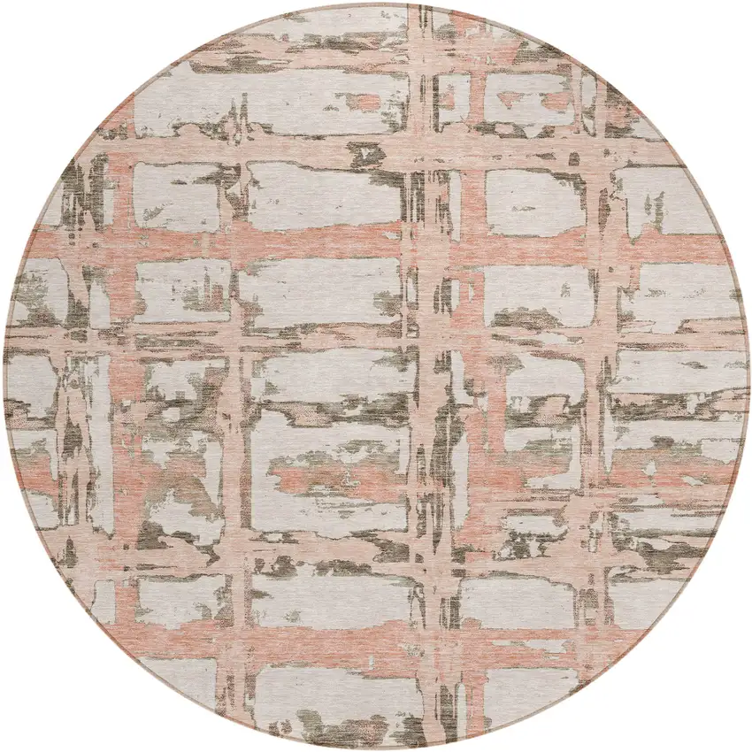 8' Pink Beige And Taupe Round Striped Washable Indoor Outdoor Area Rug Photo 1