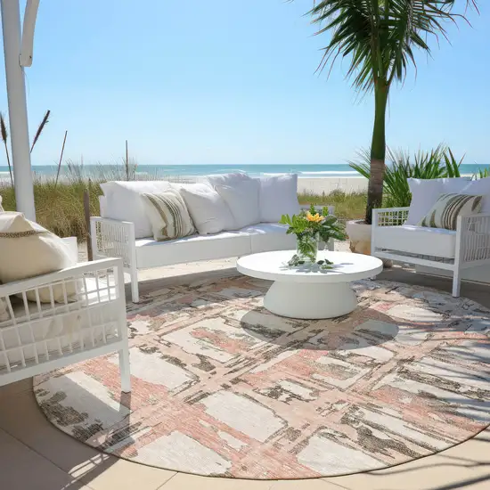 8' Pink Beige And Taupe Round Striped Washable Indoor Outdoor Area Rug Photo 7