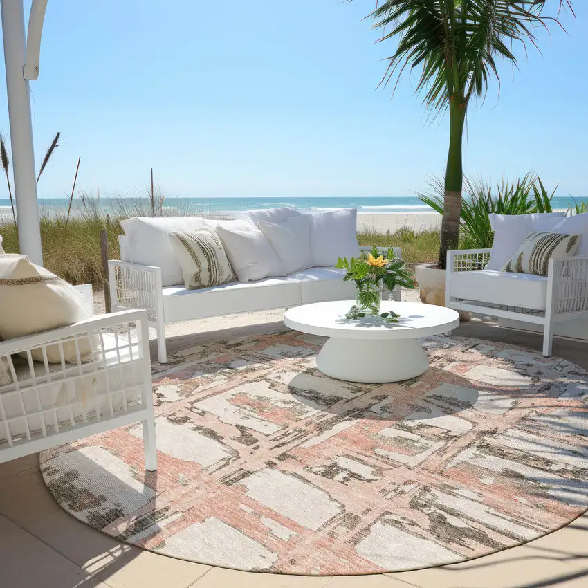 8' Pink Beige And Taupe Round Striped Washable Indoor Outdoor Area Rug Photo 7