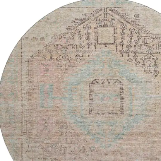 8' Pink Beige And Teal Tribal Washable Round Rug With UV Protection Photo 2