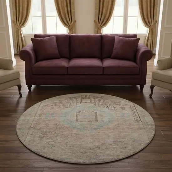 8' Pink Beige And Teal Tribal Washable Round Rug With UV Protection Photo 2