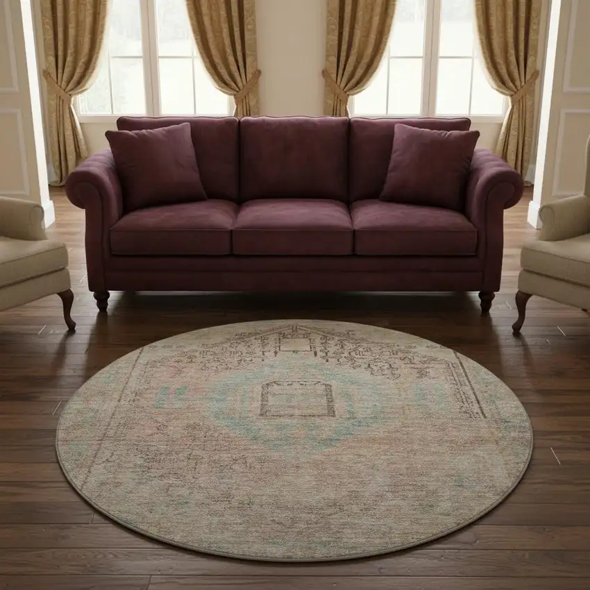 8' Pink Beige And Teal Tribal Washable Round Rug With UV Protection Photo 2