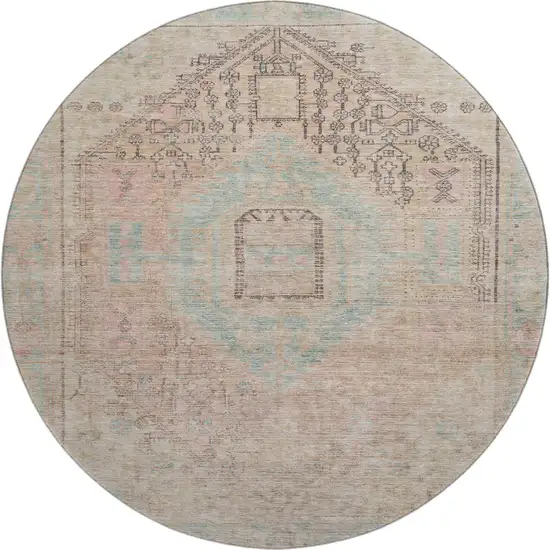 8' Pink Beige And Teal Tribal Washable Round Rug With UV Protection Photo 1