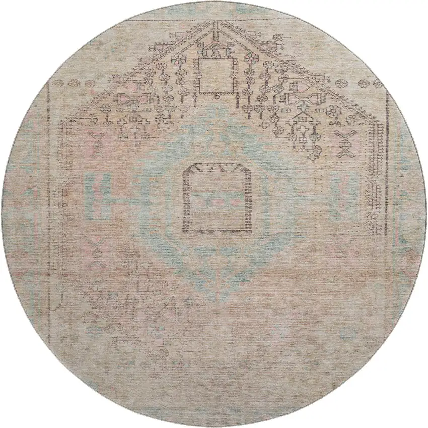 8' Pink Beige And Teal Tribal Washable Round Rug With UV Protection Photo 1