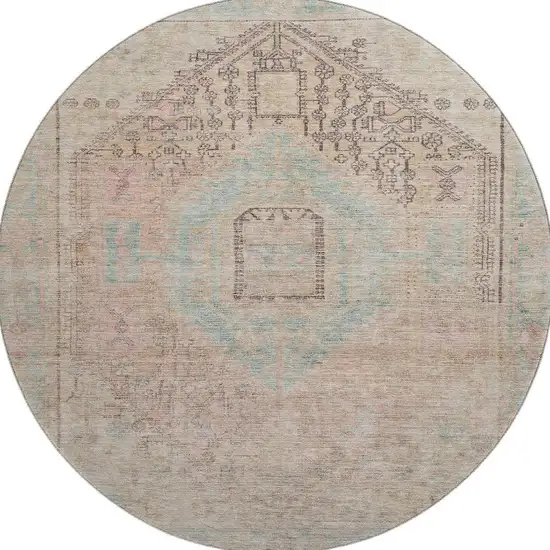 8' Pink Beige And Teal Tribal Washable Round Rug With UV Protection Photo 3