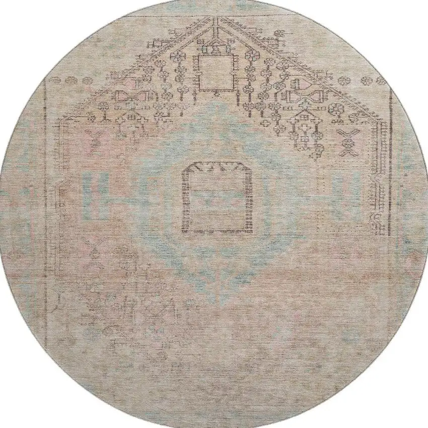 8' Pink Beige And Teal Tribal Washable Round Rug With UV Protection Photo 3