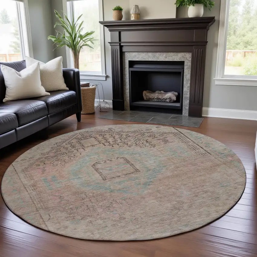 8' Pink Beige And Teal Tribal Washable Round Rug With UV Protection Photo 4