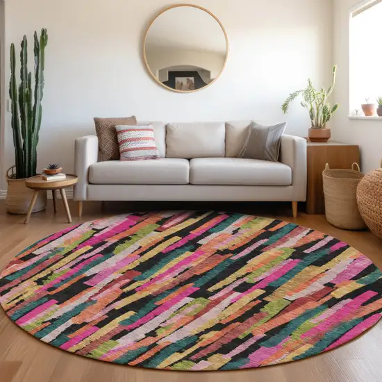 8' Pink Black And Green Round Striped Washable Indoor Outdoor Area Rug Photo 9