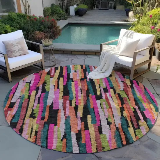 8' Pink Black And Green Round Striped Washable Indoor Outdoor Area Rug Photo 8