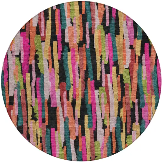 8' Pink Black And Green Round Striped Washable Indoor Outdoor Area Rug Photo 2