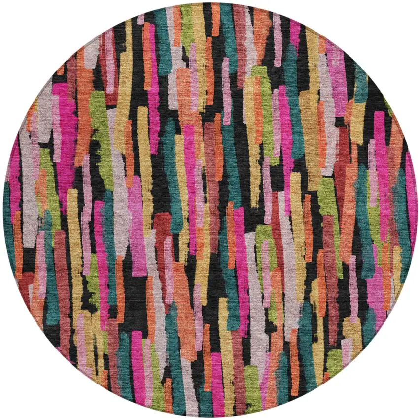 8' Pink Black And Green Round Striped Washable Indoor Outdoor Area Rug Photo 2
