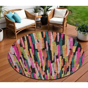 Photo of 8' Pink Black And Green Round Striped Washable Indoor Outdoor Area Rug