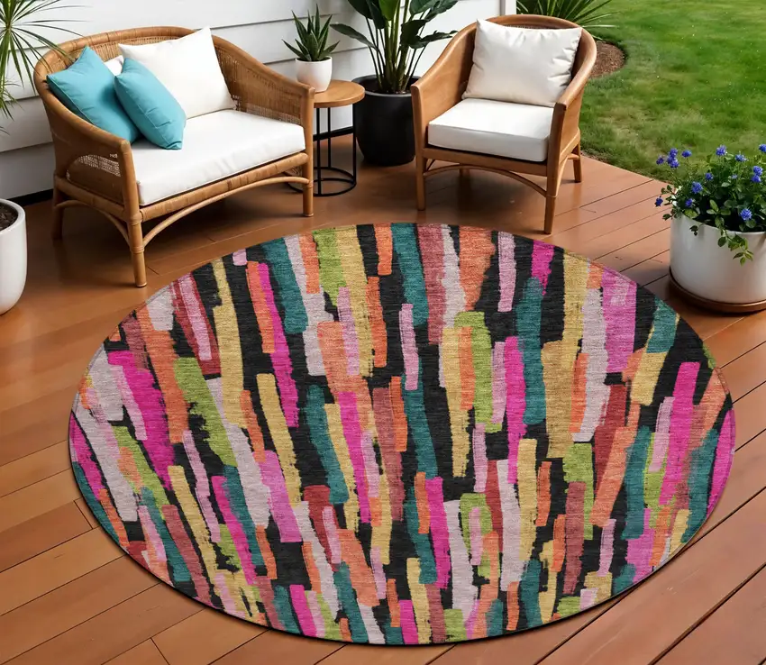8' Pink Black And Green Round Striped Washable Indoor Outdoor Area Rug Photo 1