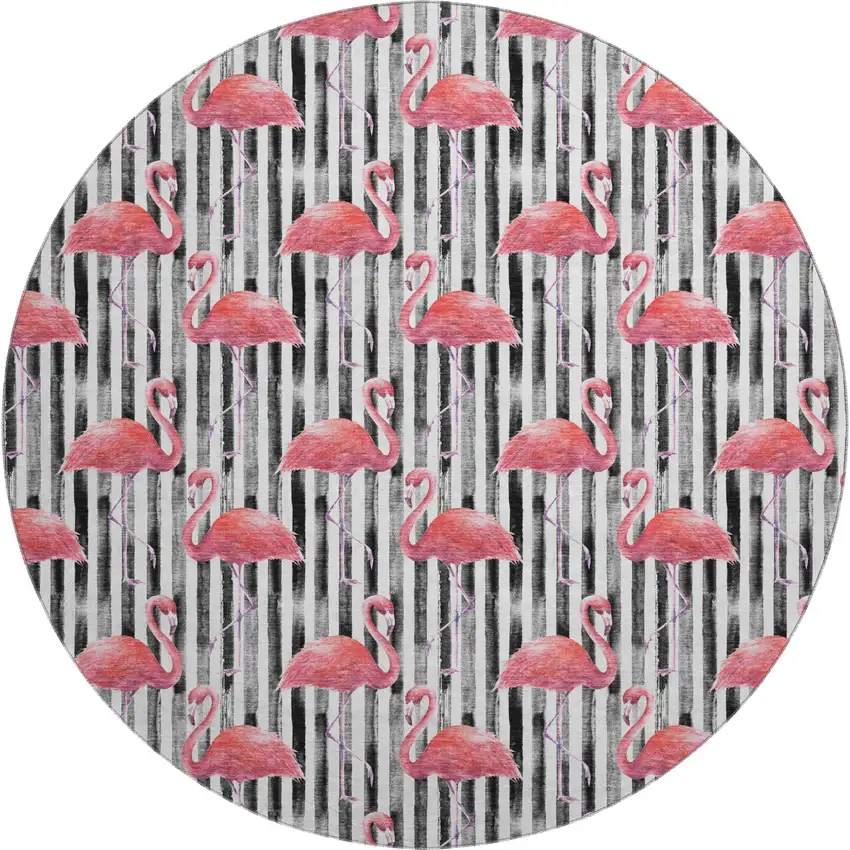 8' Pink Black And White Geometric Washable Round Rug With UV Protection Photo 2