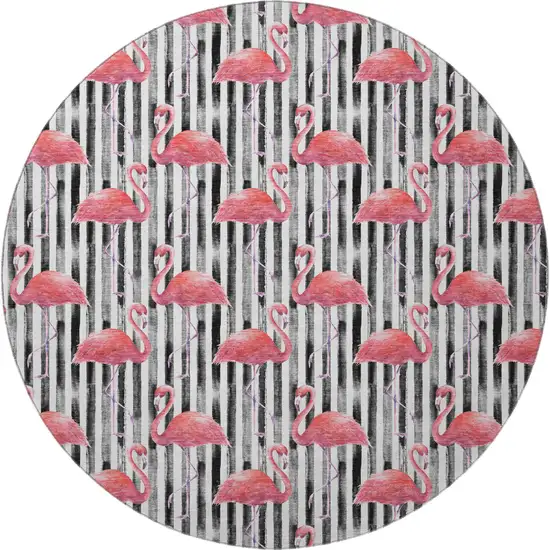 8' Pink Black And White Geometric Washable Round Rug With UV Protection Photo 5