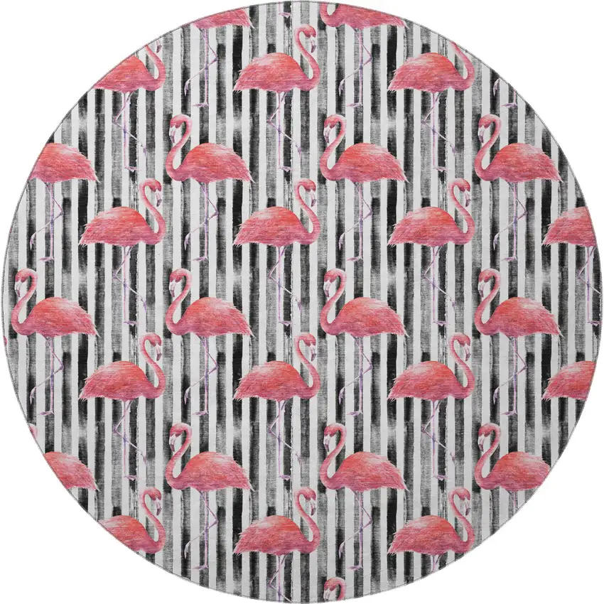 8' Pink Black And White Geometric Washable Round Rug With UV Protection Photo 5